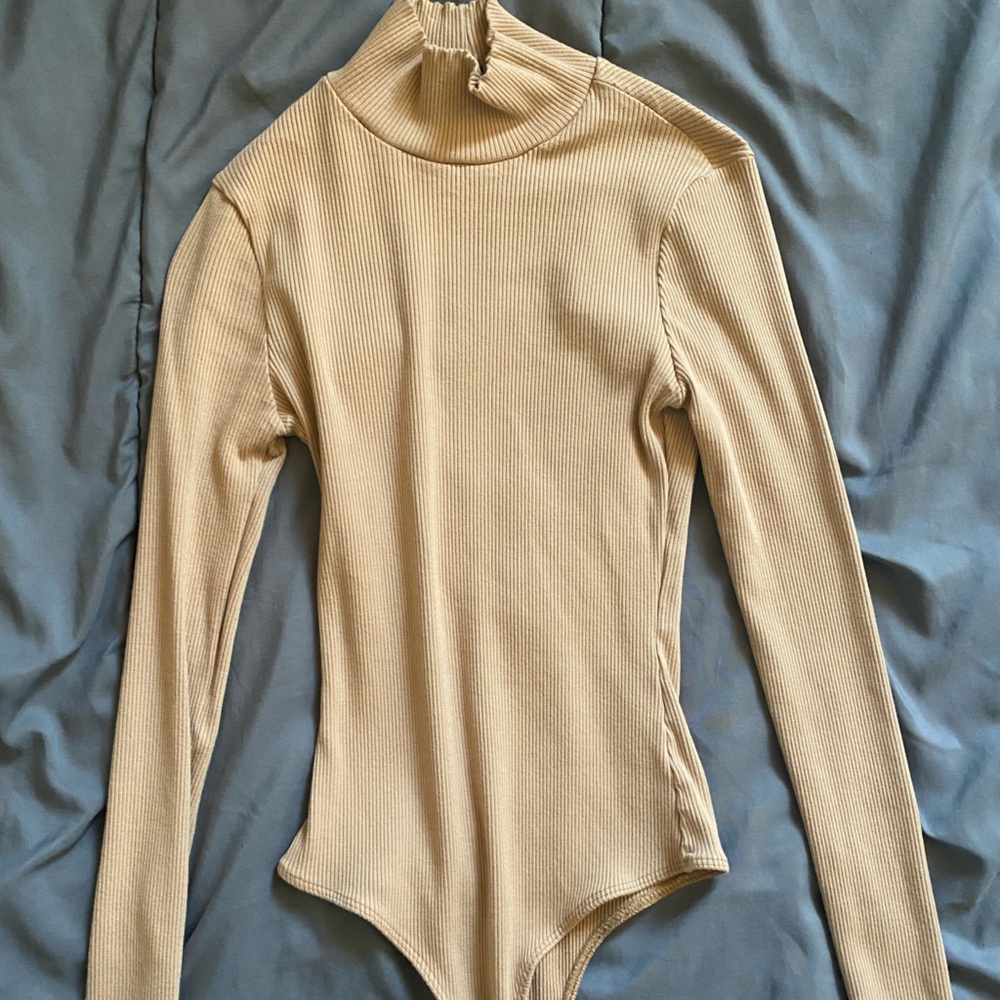 Lulus Tan Ribbed Long Sleeve bodysuit